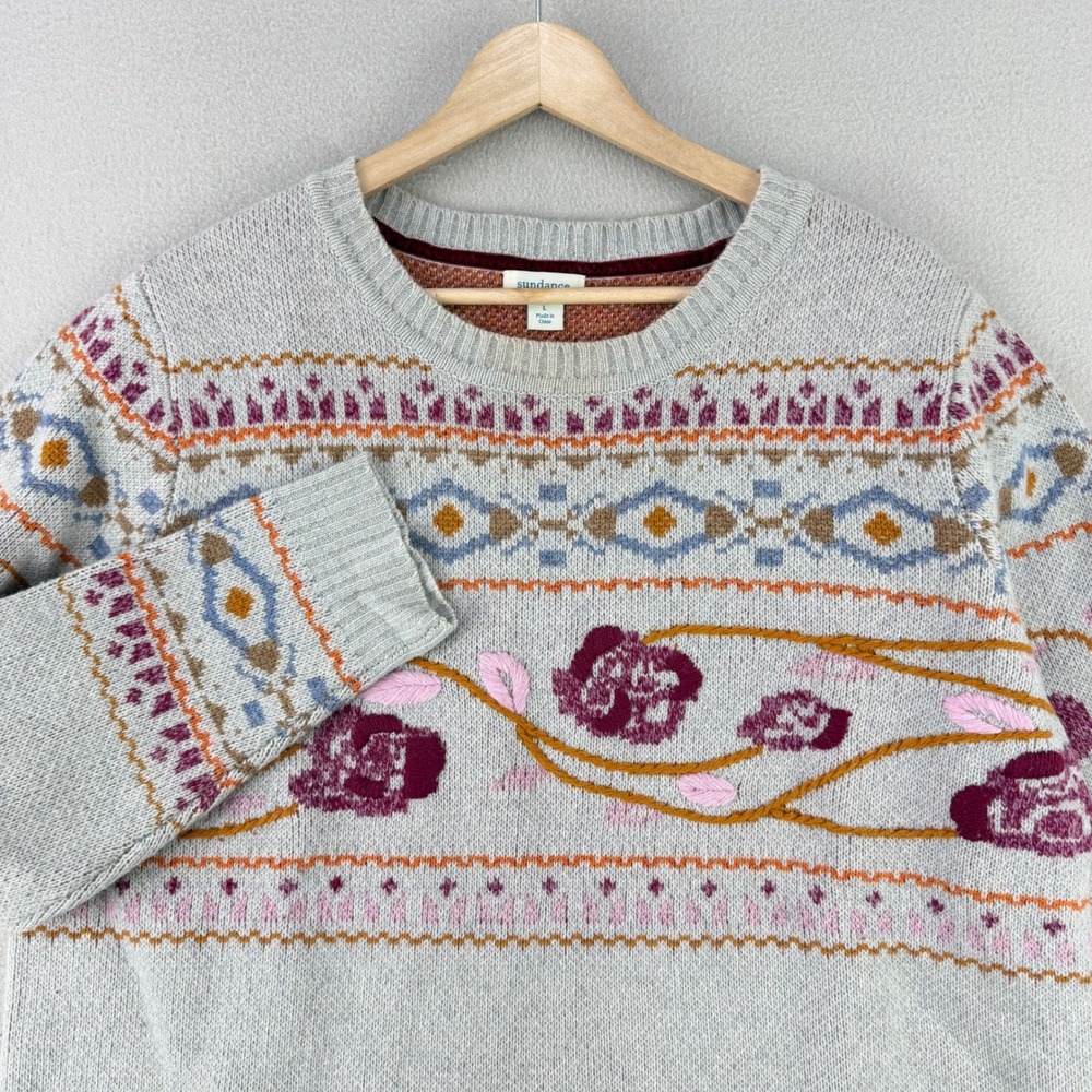 Sundance Floral Fair Isle Sweater Women L Gray Wool Crewneck Pullover Winter